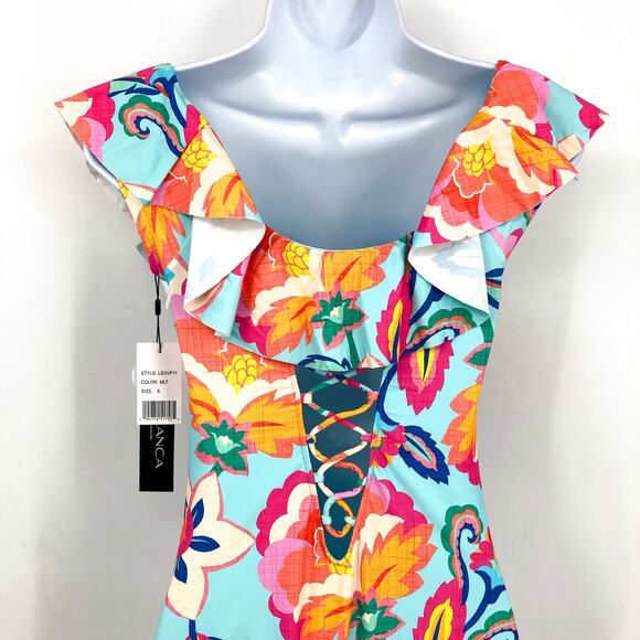 LA BLANCA Breezy Beauty One-Piece Swimsuit 8 Blue Ruffle Off the Shoulder NWT - Picture 6 of 11